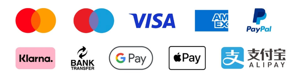 Accepted payment methods: Mastercard, Maestro, Visa, American Express, PayPal, Klarna, bank transfer, Google Pay, Apple Pay and Alipay